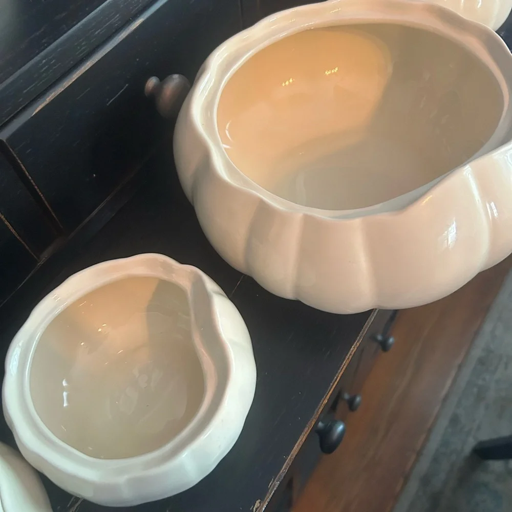 Crate&Barrel Pumpkin Cream Ceramic Soup Tureen and 4 bowls